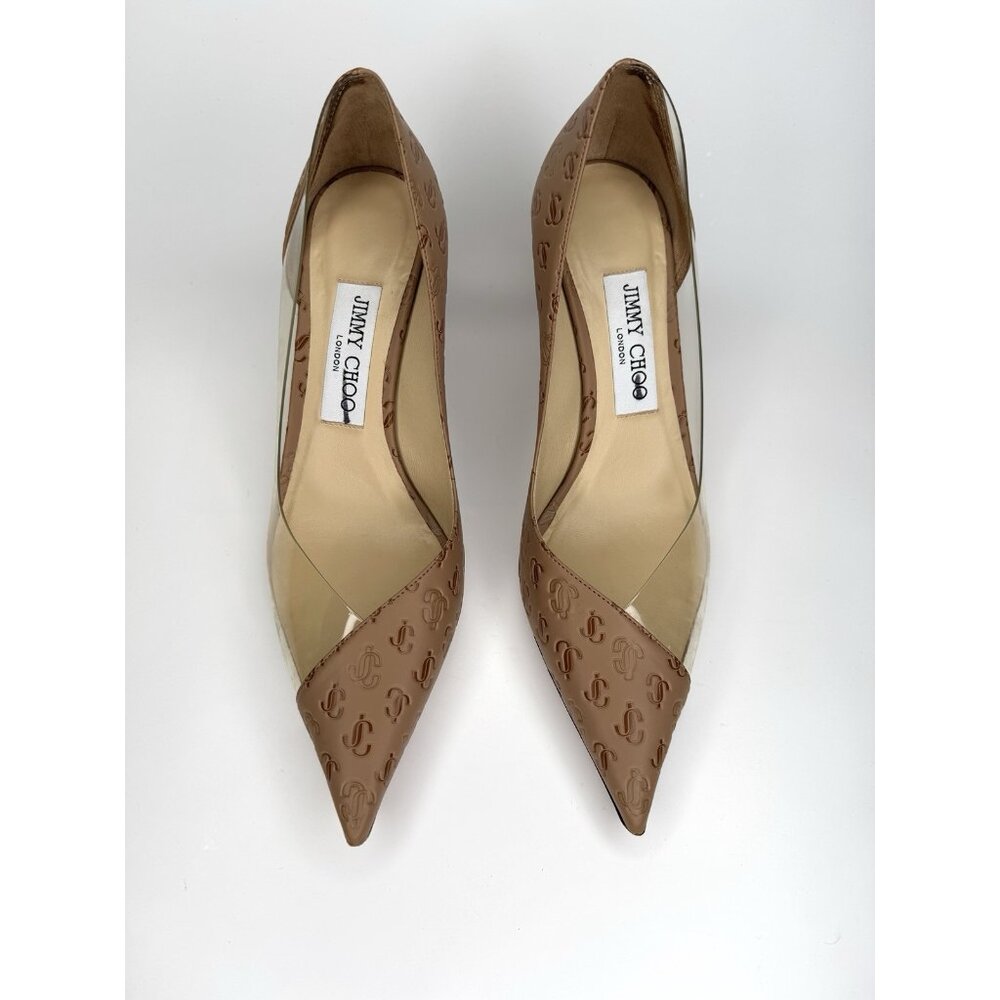 Jimmy Choo Cass 95 Leather & Vinyl Size Eu 37 US 7 Pump Beige Brown - Picture 2 of 13